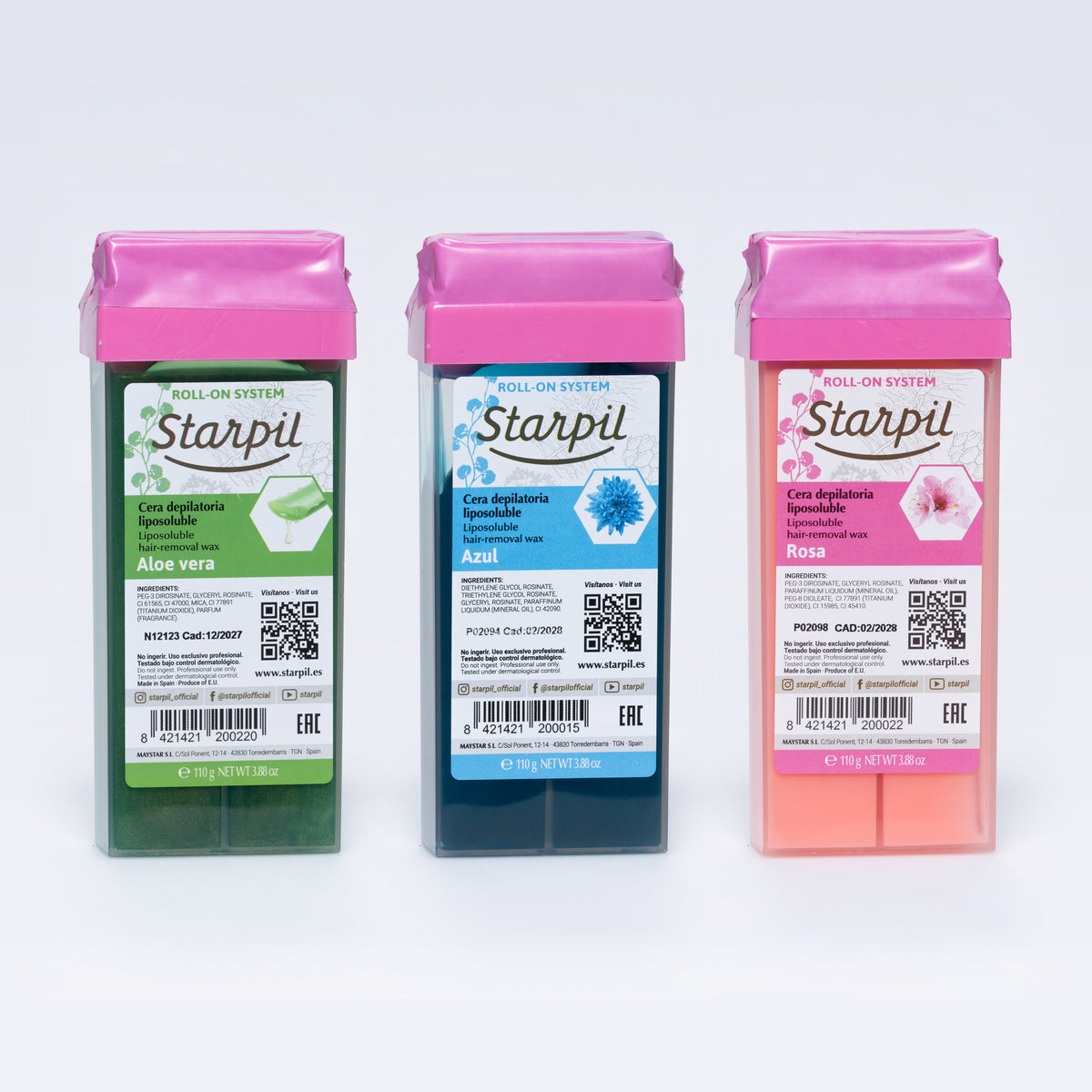 Aloe Vera, Blue and Creamy Pink roll-on wax cartridges side by side